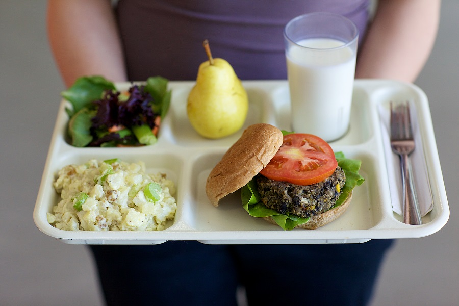 a kid holding a lunch tray with healthy food